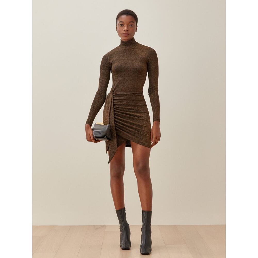 Reformation Paprika Dress Black Gold Metallic Gathered Long Sleeve Mini Size 2X
